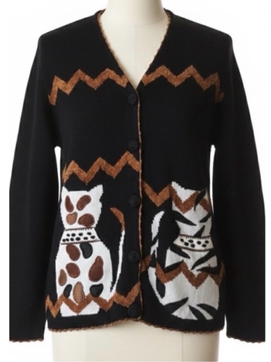 Vintage Sweaters - Vintage 90s Victoria Harbour Cat Cardigan Whimsigoth Cottagecore Soft Knit Sz M